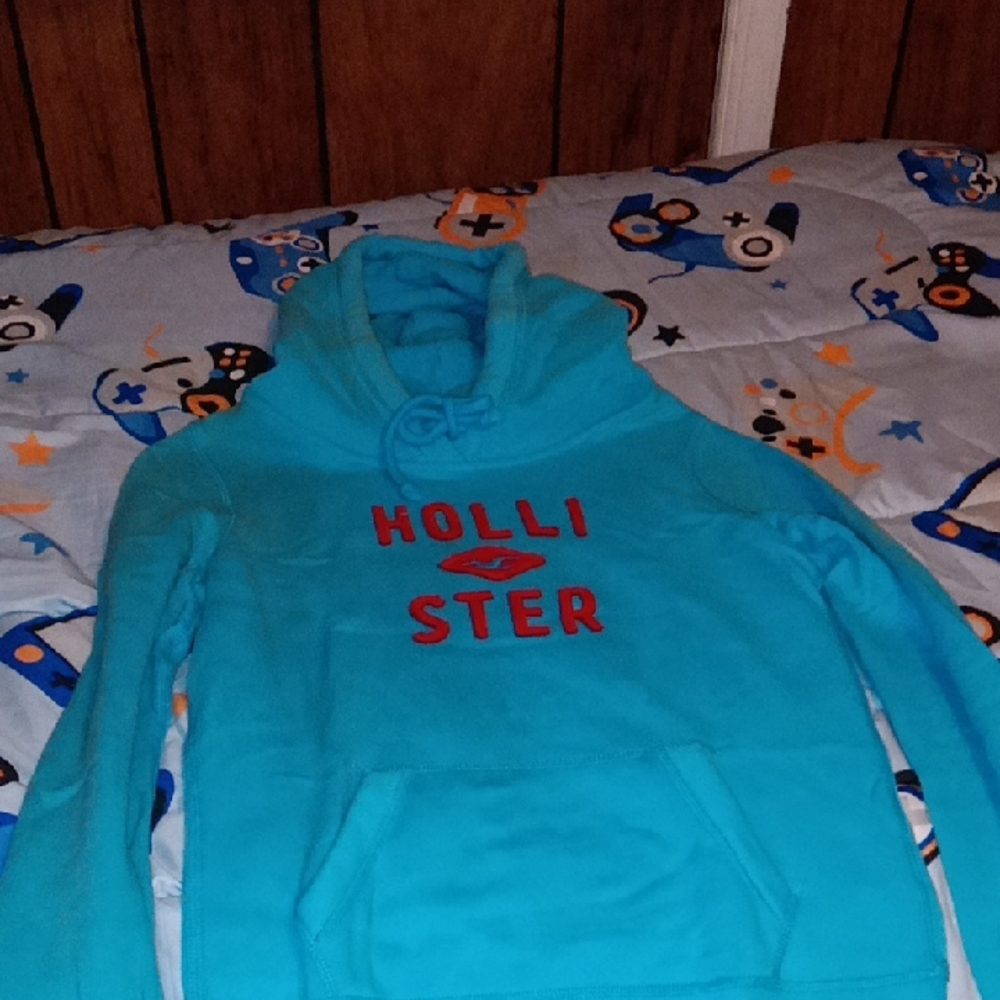 Hollister Teal Hoodie with Red Text, Women's Size S